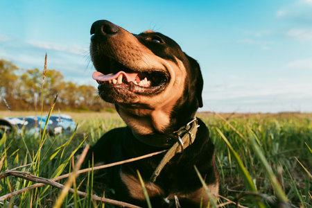 Happy Dog Stafford is lying on the green grass in the meadow on a warm summer day