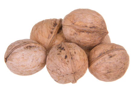 The group of walnuts lying on a white isolated backgroundsの写真素材