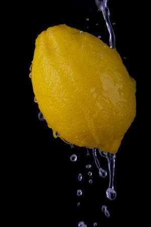 Yellow lemon in a water on a black backgroundの写真素材