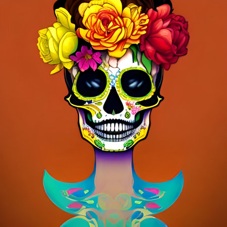Illustration of a Mexican Skull with colourful floral ornament .の写真素材