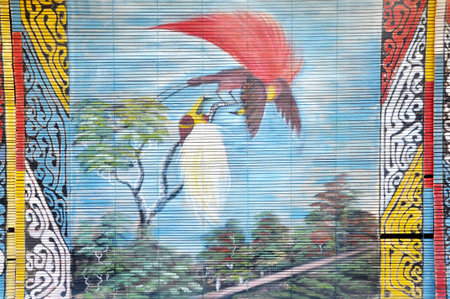 curtain wood  painted natural bird of paradise dancing (cendrawasih)の写真素材