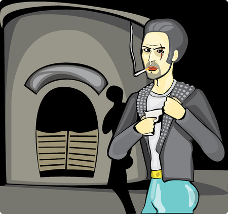 Man with a gun goes plunders a tavern by nightのイラスト素材