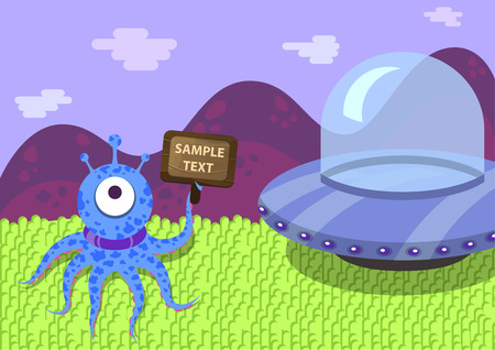 Alien monster with an information plate on the background extraterrestrial scenery and spaceship on an unknown planet. Flat design.のイラスト素材
