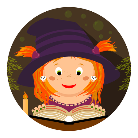 Halloween illustration. Cute little whitch-girl reading a magic spellbookのイラスト素材