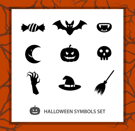 Halloween symbols set: 9 monochrome silhouettes symbolizing Beggars Night. Background with a trees branchesのイラスト素材