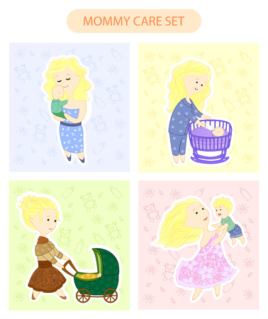 Mother care set. Freehand drawing, flat. Mom with baby.のイラスト素材