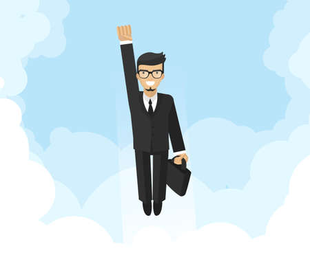 Successful businessman, financial officer or manager flying in sky, boost career, flat design, illustrationのイラスト素材