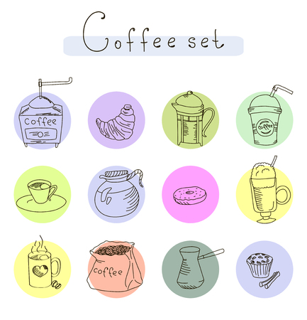 Set drawing sweets bakery cafe coffee drinks doodles, illustrationのイラスト素材