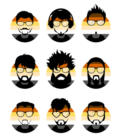 Set avatars profile pictures flat icons, different style people characters on LGBT Bear flag background. Trendy beards and glasses.のイラスト素材