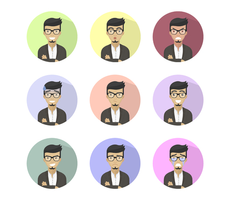 Set business different emotions faces, profile pictures flat icons, avatars characters in round. Trendy beard and glasses.のイラスト素材