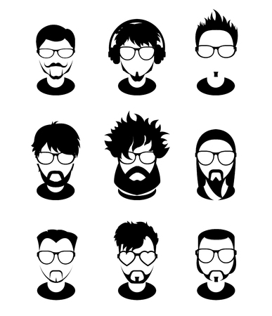 Set avatars profile pictures monochrome icons, different style people characters. Trendy beards and glasses.のイラスト素材