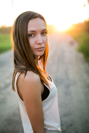 portrait of pretty young woman smiling closeupの写真素材