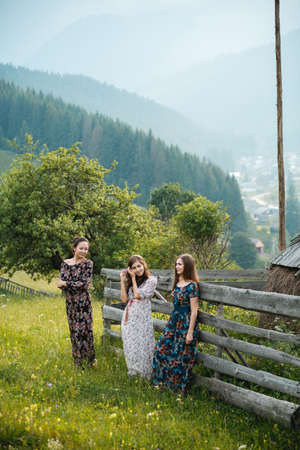 Girls girlfriend dresses rest on the nature in a beautiful mountain meadowの写真素材