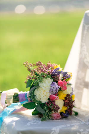 Elegant beautiful decorated table with meals and tableware at wedding reception closeupの写真素材
