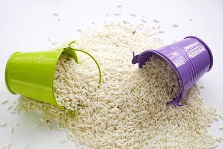 rice food, organic grain rice white background.の写真素材