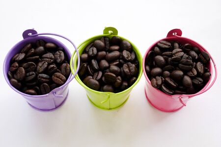 organic coffee beans in bucket. coffee seedの写真素材