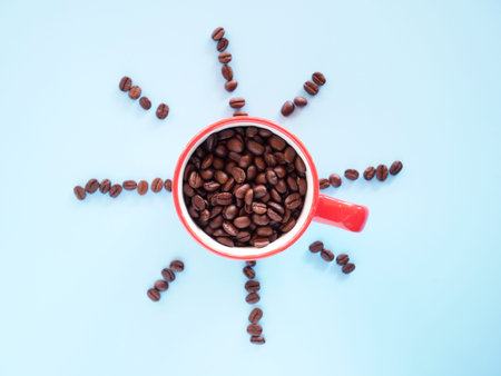 Black coffee cup on background with Coffee beansの写真素材