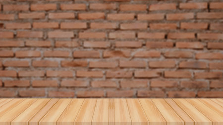 wood floor with abstract blur brick wall with light background for product displayの写真素材
