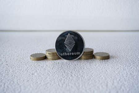 Close up of gold bitcoin on blur background with selective focusの写真素材