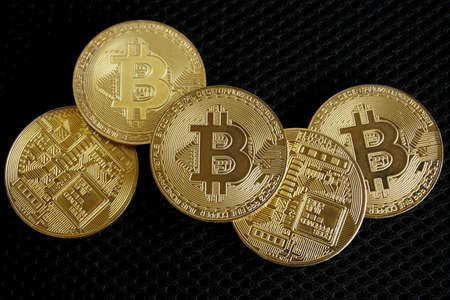 Golden bitcoin digital money on background with copy spaceの写真素材