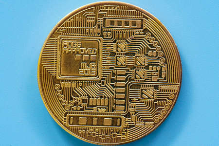Golden bitcoin digital money on background with copy spaceの写真素材