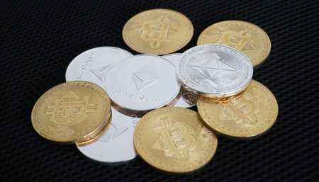 Golden bitcoin digital money on background with copy spaceの写真素材