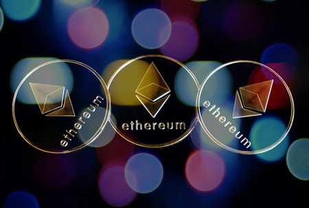 Bitcoin and defocused background. Virtual cryptocurrency concept.の写真素材