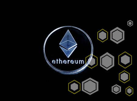 Bitcoin gold coin and defocused background. Virtual cryptocurrency concept.