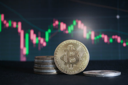 bitcoin and graph on the background of the map
