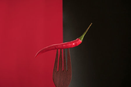Red hot chili pepper on a wooden fork on a black and red backgroundの写真素材