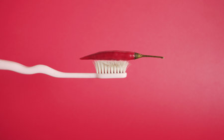 Toothbrush with red hot chili pepper on a pink background.の写真素材