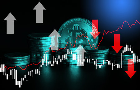 Stack of bitcoins on dark background with red arrow graph. Cryptocurrency concept.の写真素材