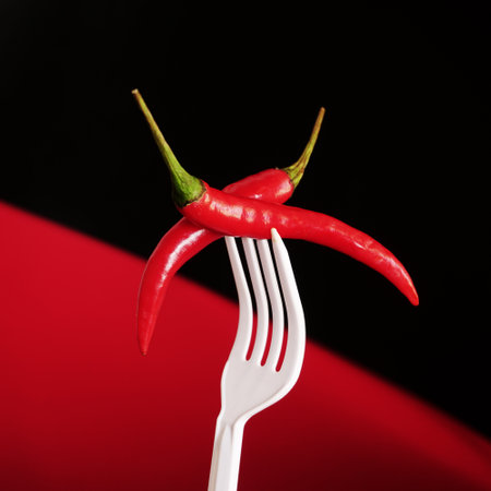Red hot chili peppers on a white fork on a black background.の写真素材