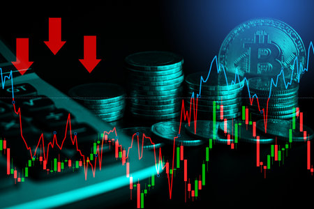 Double exposure of coin stack with stock market or forex trading graph and candlestick chart suitable for financial investment concept.の写真素材