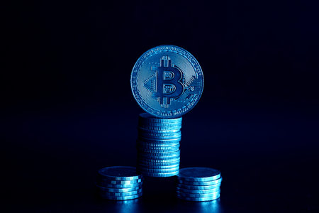 Bitcoin. Cryptocurrency. Physical bit coin. Digital currency. Business and finance concept.