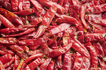 Dried red hot chili peppers for sale in the market, Thailand.の写真素材