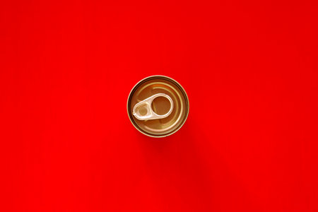 Top view of open tin can on red background with copy space.の写真素材