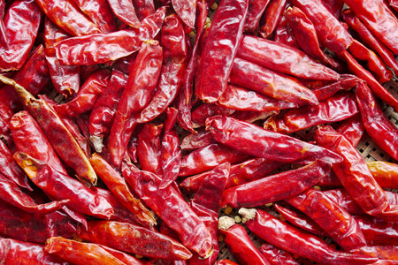 Dried red chilli in the market, closeup of photoの写真素材