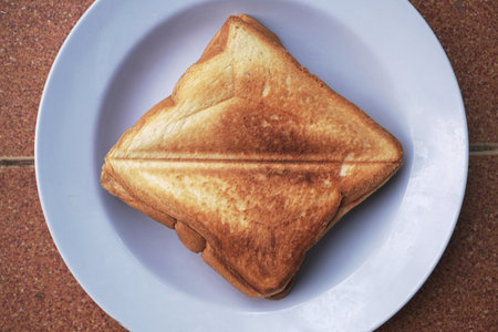 Toasted bread on a white plate with space for your text.の写真素材