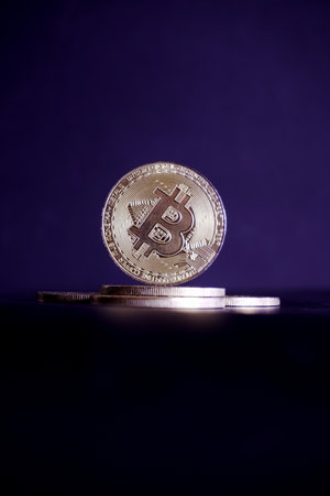 Bitcoin coin on a dark background. Digital currency. Cryptocurrency.の写真素材