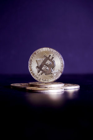 Bitcoin coin on a dark background. Digital currency. Cryptocurrency.の写真素材