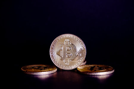 Digital currency physical metal bitcoin coin. Cryptocurrency digital money concept.の写真素材