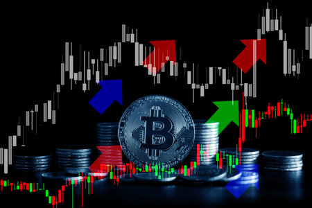 Bitcoin and stock market graph on black background. Business and finance concept.