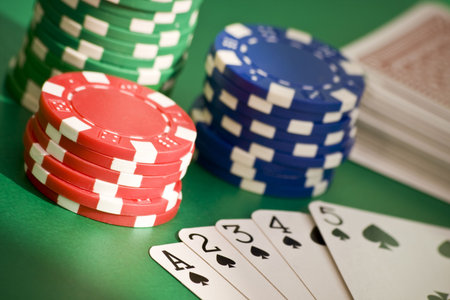 Poker game straight flush, chips and deck of cards