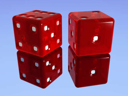 3d illustration of two transparent red diceの写真素材