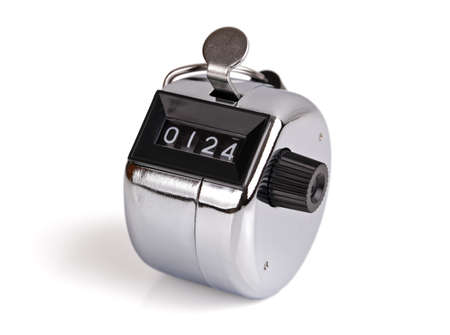Hand held tally counter for people headcount isolated on whiteの写真素材