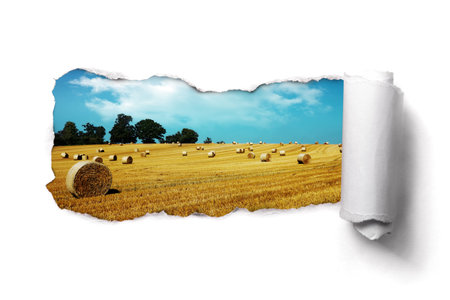 Tearing a paper frame hole to reveal hay bale field landscape