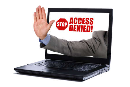 Stop gesture through a laptop screen concept for internet censorship and access deniedの写真素材