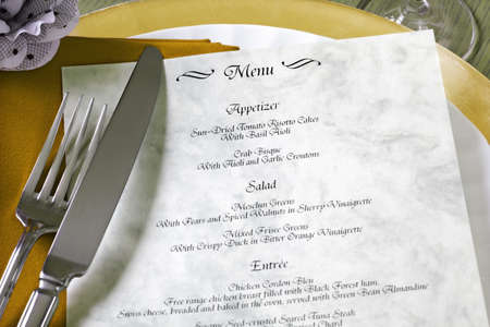 Dinner menu for a wedding or luxury evening meal - note, made up menuの写真素材