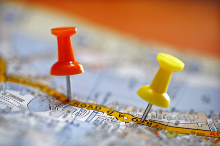 Travel destination concept thumbtack in map location